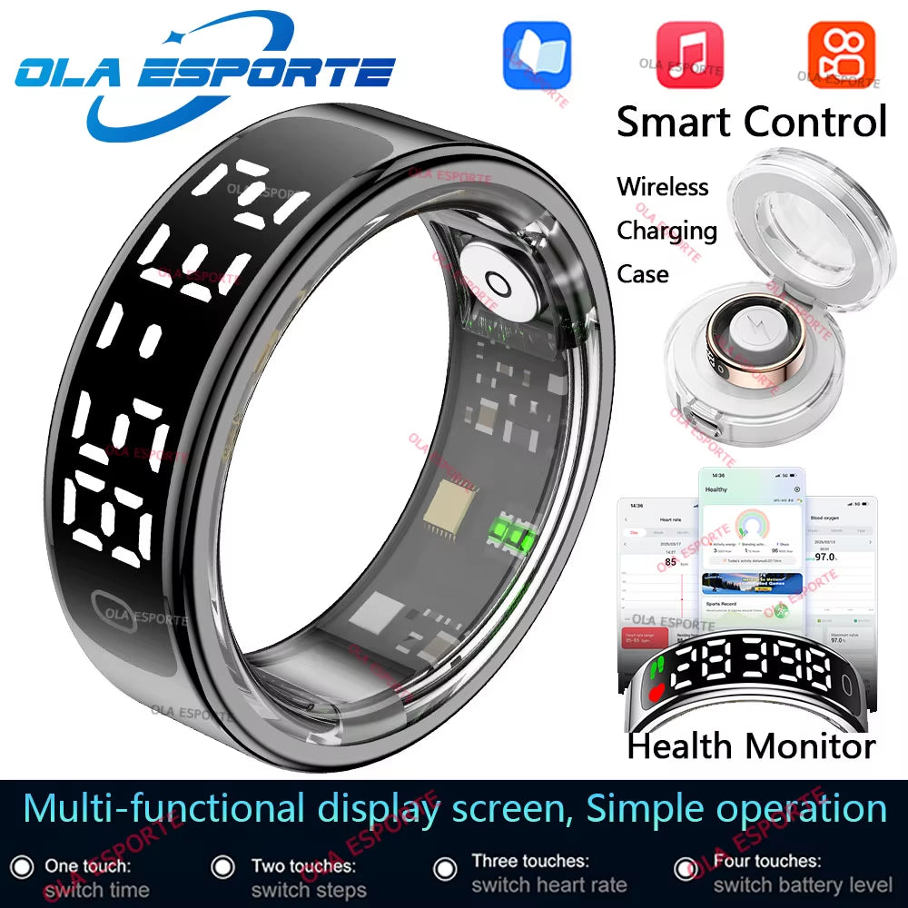 Smart Ring with Display Screen and Touch, Wireless Charging Case, Health Monitor, 5ATM Waterproof for Men Women R12 R13 Ring