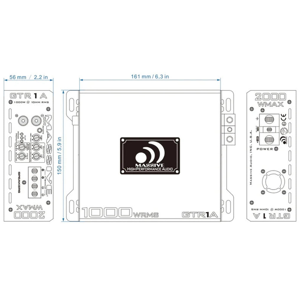Massive Audio GTR1A 2000 Watt Monoblock Compact Amplifier Class D 1060 Watt RMS