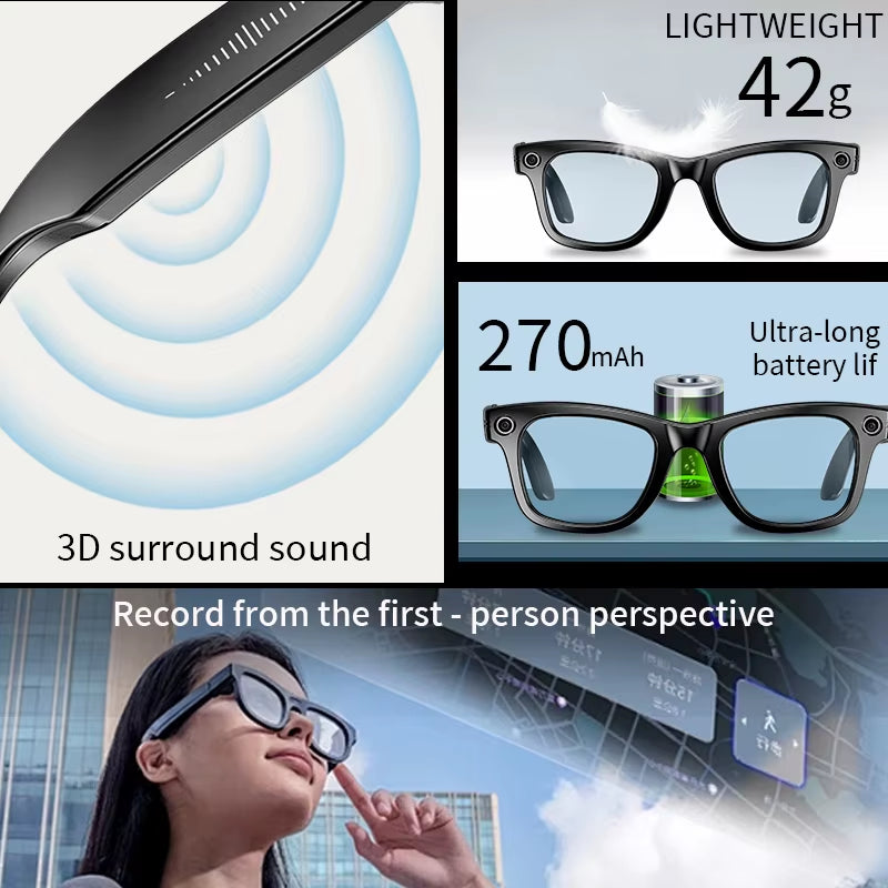8 Million Pixels AI Smart Glasses Recording Videos AI Photo Recognition Answer Translation 270Mah IP65 Waterproof Bluetooth Glasses