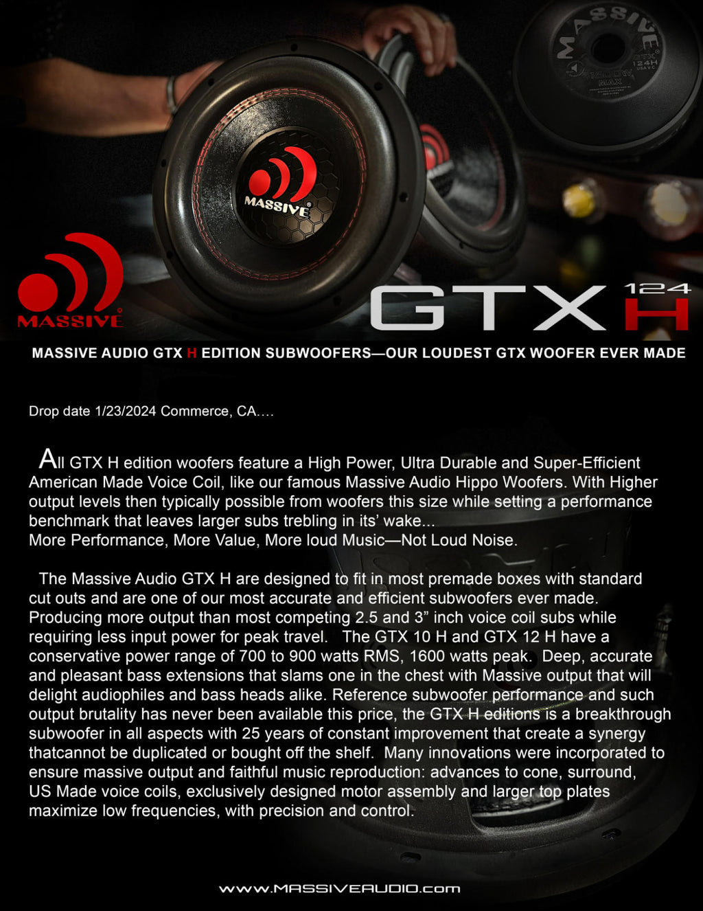 Massive Audio GTX 124H 1600 Watt 12" Dual 4 Ohm Car Audio Subwoofer 2.5" V.C.