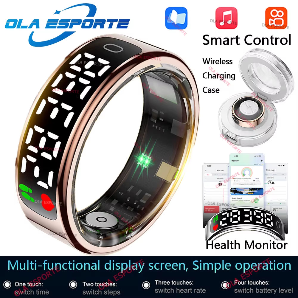 Smart Ring with Display Screen and Touch, Wireless Charging Case, Health Monitor, 5ATM Waterproof for Men Women R12 R13 Ring