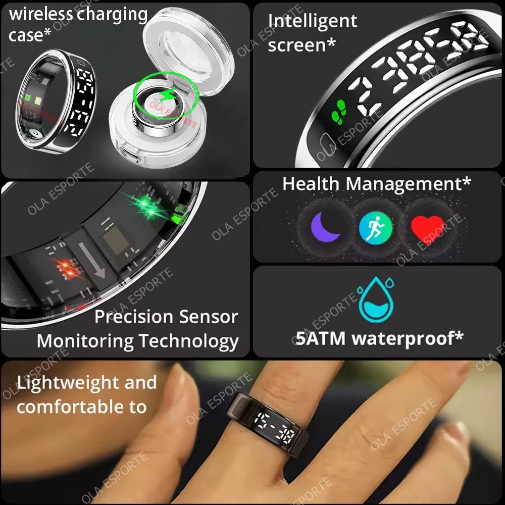 Smart Ring with Display Screen and Touch, Wireless Charging Case, Health Monitor, 5ATM Waterproof for Men Women R12 R13 Ring