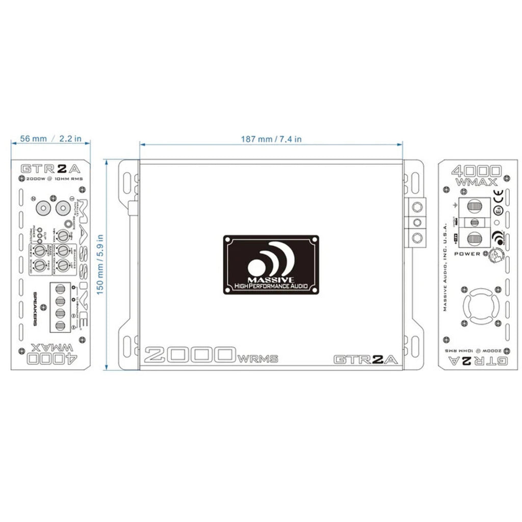 Massive Audio GTR2A 4000 Watt Monoblock Compact Amplifier Class D 2030 Watt RMS