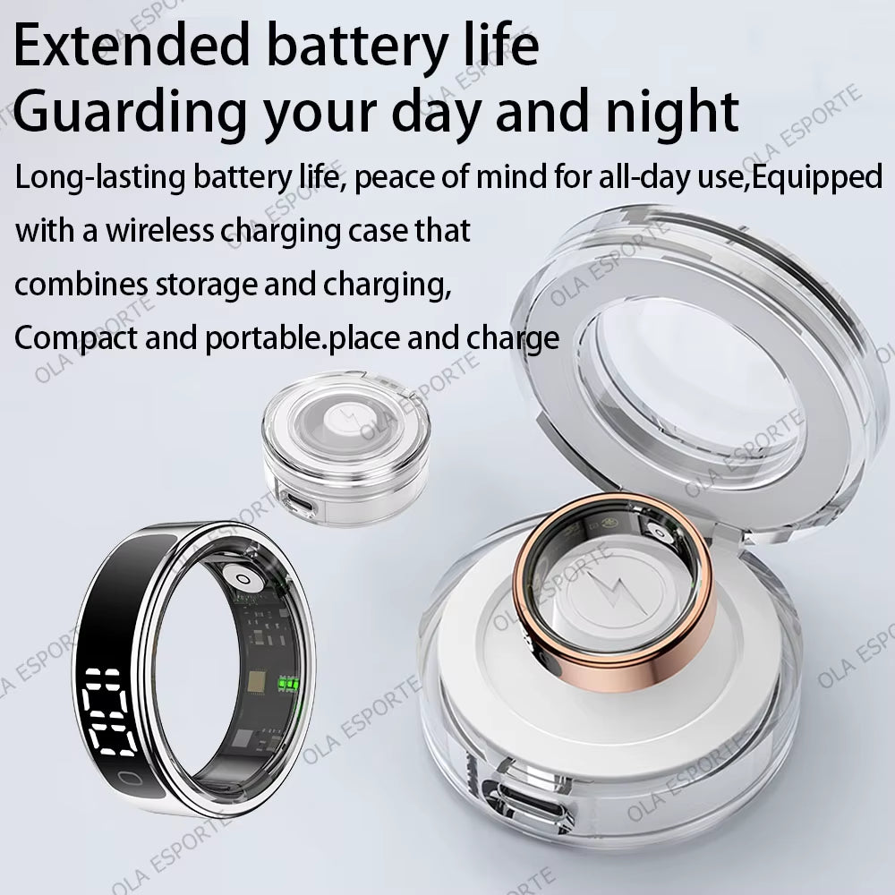 Smart Ring with Display Screen and Touch, Wireless Charging Case, Health Monitor, 5ATM Waterproof for Men Women R12 R13 Ring