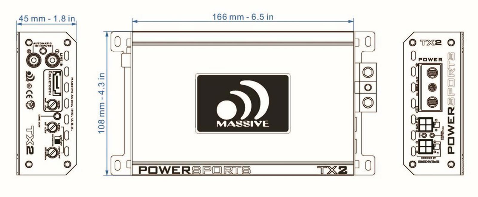 Massive Audio TX2 B 960W 2 Channel Bluetooth Amplifier Car Marine Motorcycle UTV