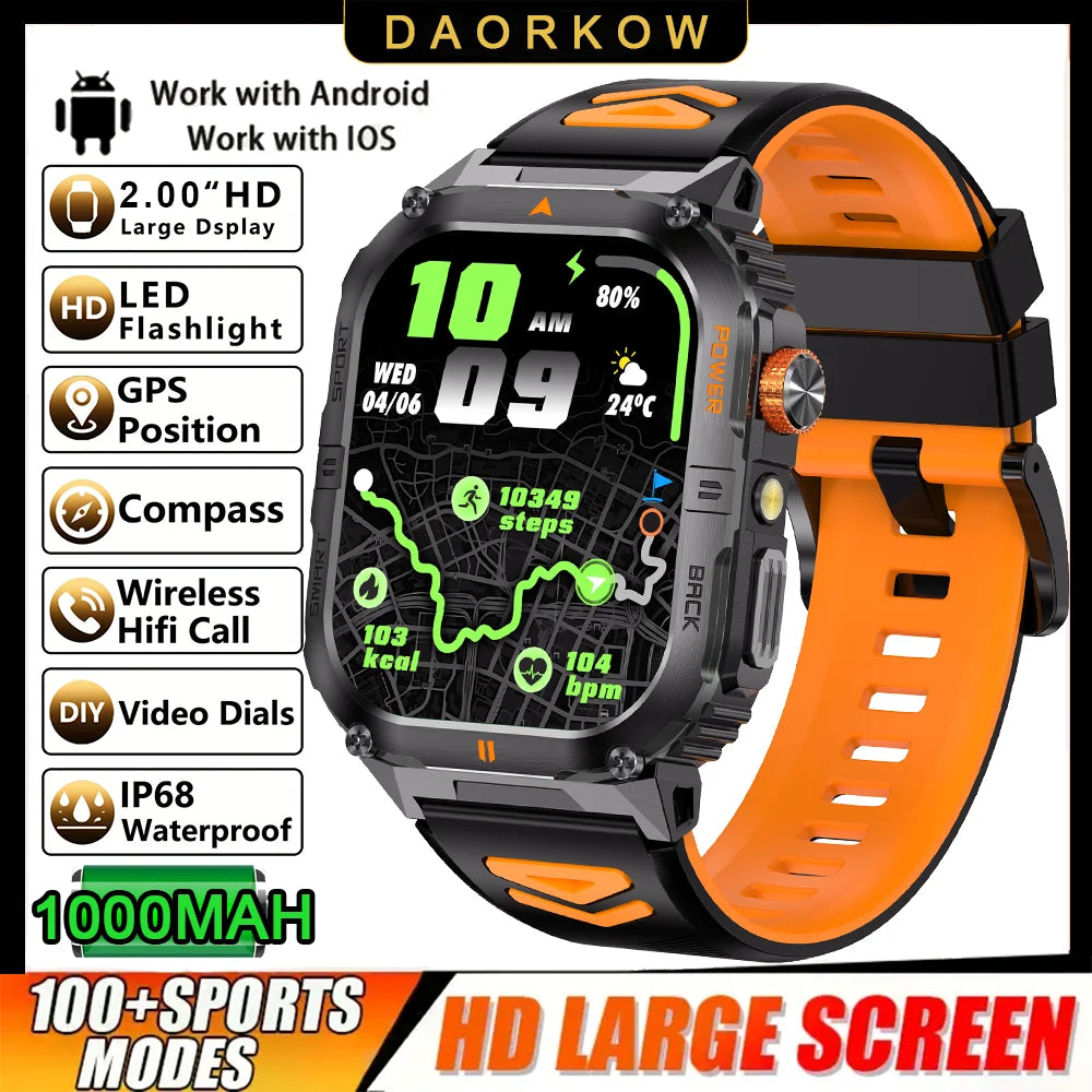 2026 Military GPS Smart Watch 1000 mAH Flashlight Wrist Watches 3ATM Waterproof Sports Smart Watch Men for IOS Android