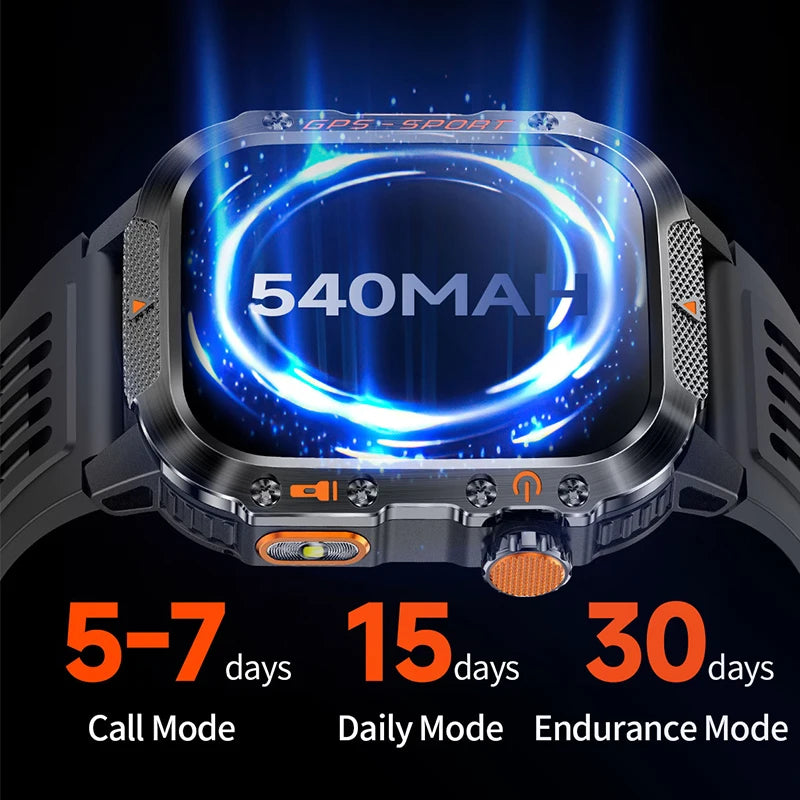 Military-Grade Outdoor Sports Smart Watch Men Women GPS Compass Anti-Drop Anti-Corrosion 540Mah Strong LED Flashlight Smartwatch