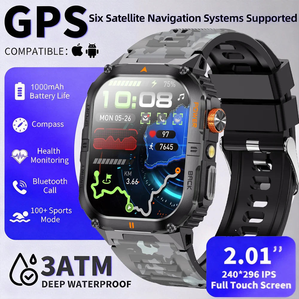 2026 Military GPS Smart Watch 1000 mAH Flashlight Wrist Watches 3ATM Waterproof Sports Smart Watch Men for IOS Android