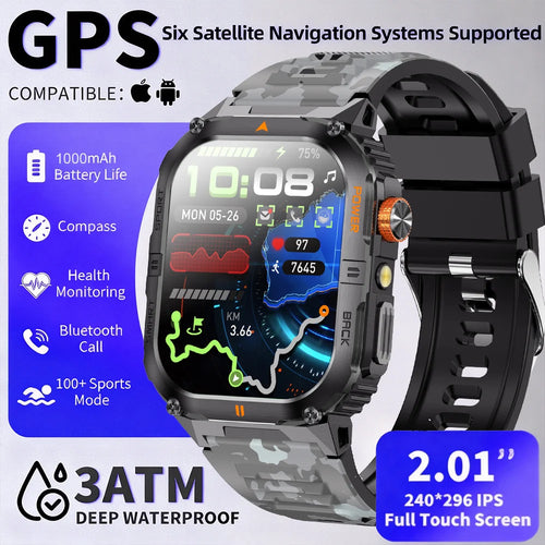 2026 Military GPS Smart Watch 1000 mAH Flashlight Wrist Watches 3ATM Waterproof Sports Smart Watch Men for IOS Android