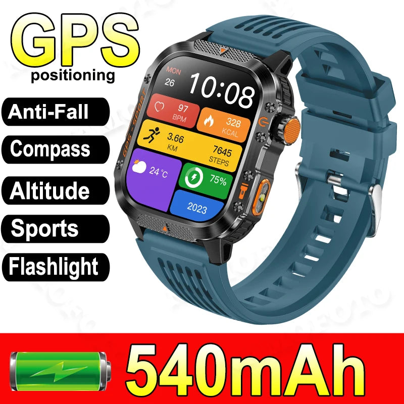 Military-Grade Outdoor Sports Smart Watch Men Women GPS Compass Anti-Drop Anti-Corrosion 540Mah Strong LED Flashlight Smartwatch
