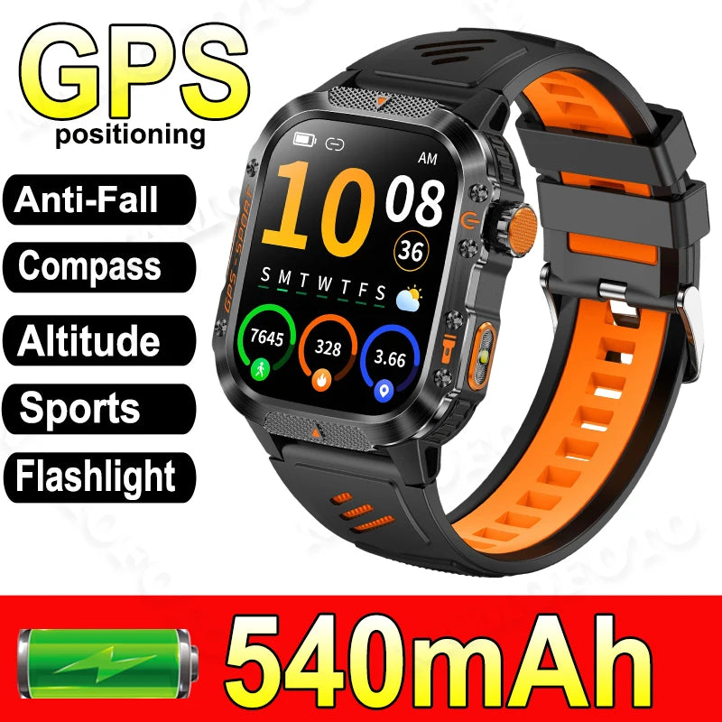 Military-Grade Outdoor Sports Smart Watch Men Women GPS Compass Anti-Drop Anti-Corrosion 540Mah Strong LED Flashlight Smartwatch
