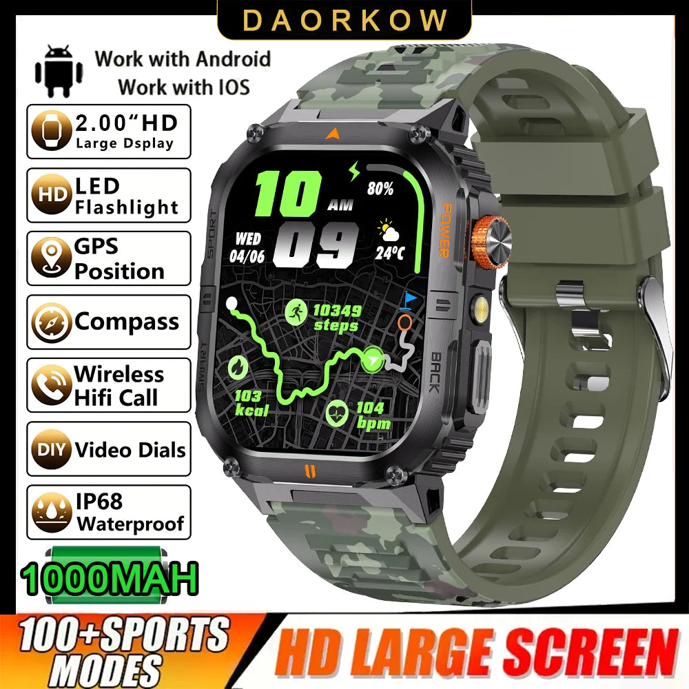2026 Military GPS Smart Watch 1000 mAH Flashlight Wrist Watches 3ATM Waterproof Sports Smart Watch Men for IOS Android