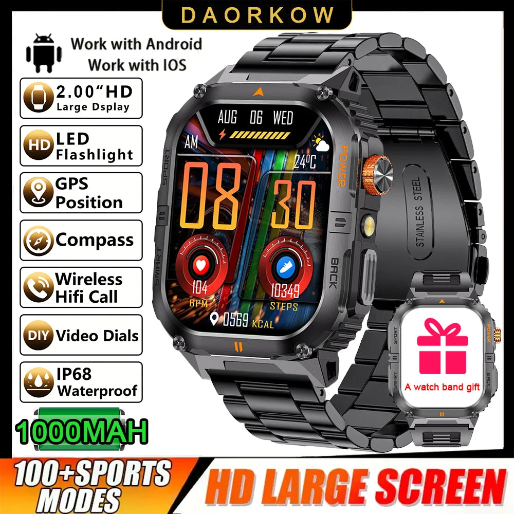 2026 Military GPS Smart Watch 1000 mAH Flashlight Wrist Watches 3ATM Waterproof Sports Smart Watch Men for IOS Android