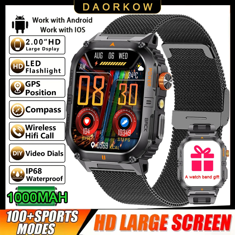 2026 Military GPS Smart Watch 1000 mAH Flashlight Wrist Watches 3ATM Waterproof Sports Smart Watch Men for IOS Android
