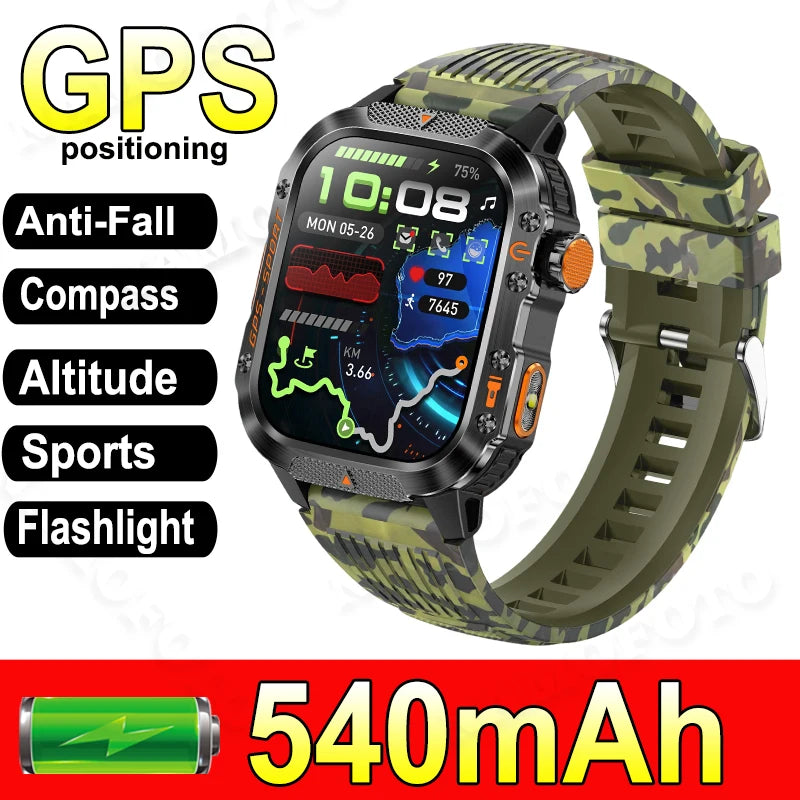 Military-Grade Outdoor Sports Smart Watch Men Women GPS Compass Anti-Drop Anti-Corrosion 540Mah Strong LED Flashlight Smartwatch