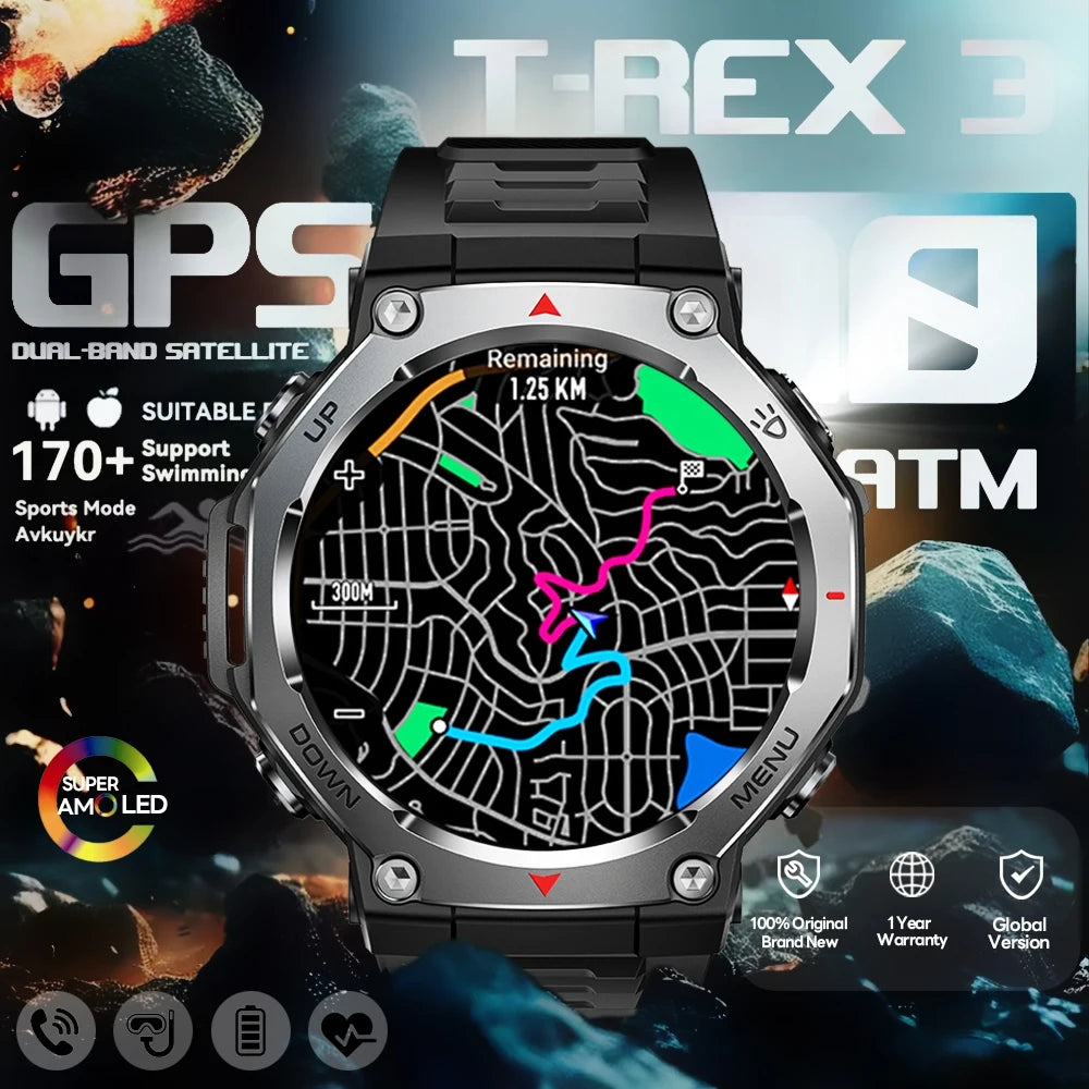 2026 T-Rex 3 GPS Military Outdoor Smart Watch 1.43-Inch AMOLED Display 10ATM Waterproof 525Mah Battery Smartwatch Man