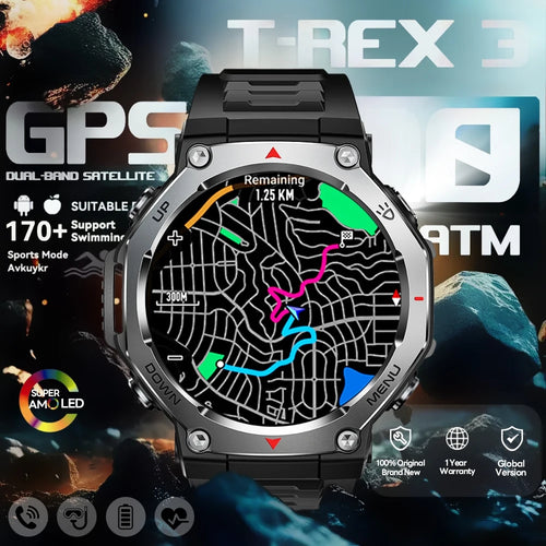 2026 T-Rex 3 GPS Military Outdoor Smart Watch 1.43-Inch AMOLED Display 10ATM Waterproof 525Mah Battery Smartwatch Man