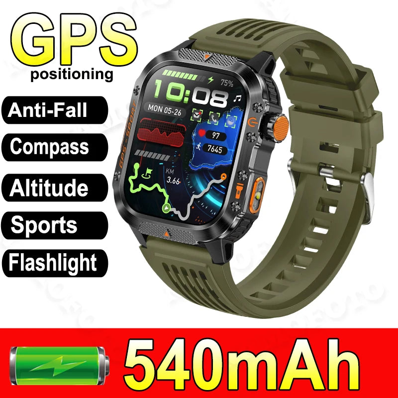 Military-Grade Outdoor Sports Smart Watch Men Women GPS Compass Anti-Drop Anti-Corrosion 540Mah Strong LED Flashlight Smartwatch