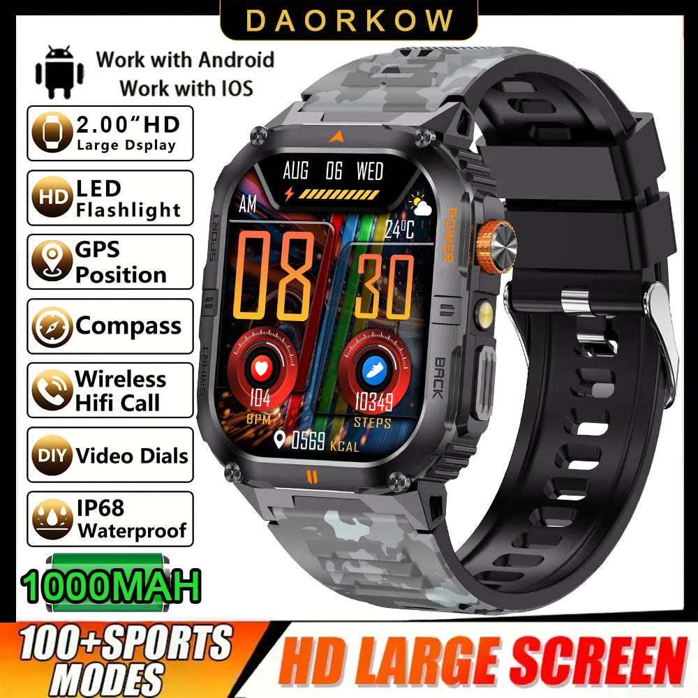 2026 Military GPS Smart Watch 1000 mAH Flashlight Wrist Watches 3ATM Waterproof Sports Smart Watch Men for IOS Android