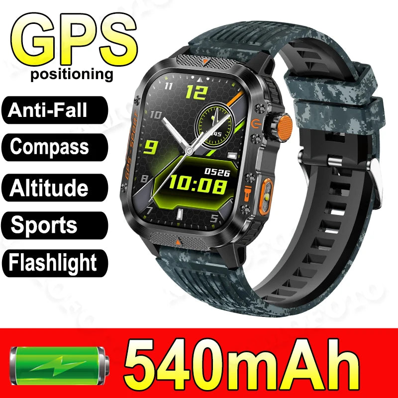 Military-Grade Outdoor Sports Smart Watch Men Women GPS Compass Anti-Drop Anti-Corrosion 540Mah Strong LED Flashlight Smartwatch