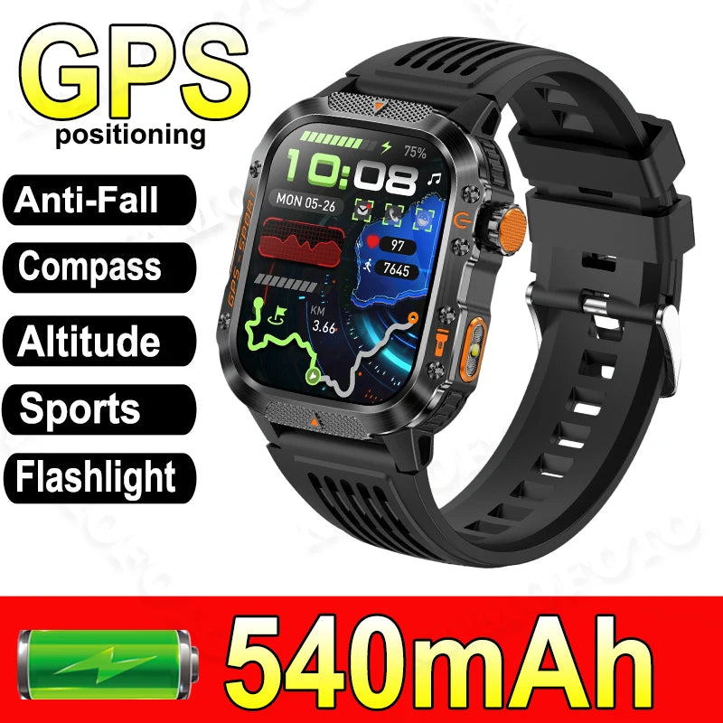 Military-Grade Outdoor Sports Smart Watch Men Women GPS Compass Anti-Drop Anti-Corrosion 540Mah Strong LED Flashlight Smartwatch
