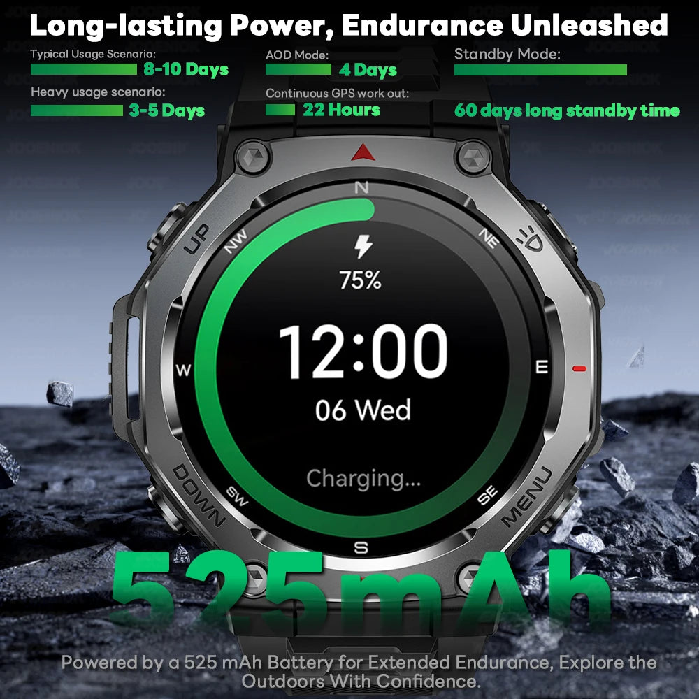 2026 T-Rex 3 GPS Military Outdoor Smart Watch 1.43-Inch AMOLED Display 10ATM Waterproof 525Mah Battery Smartwatch Man