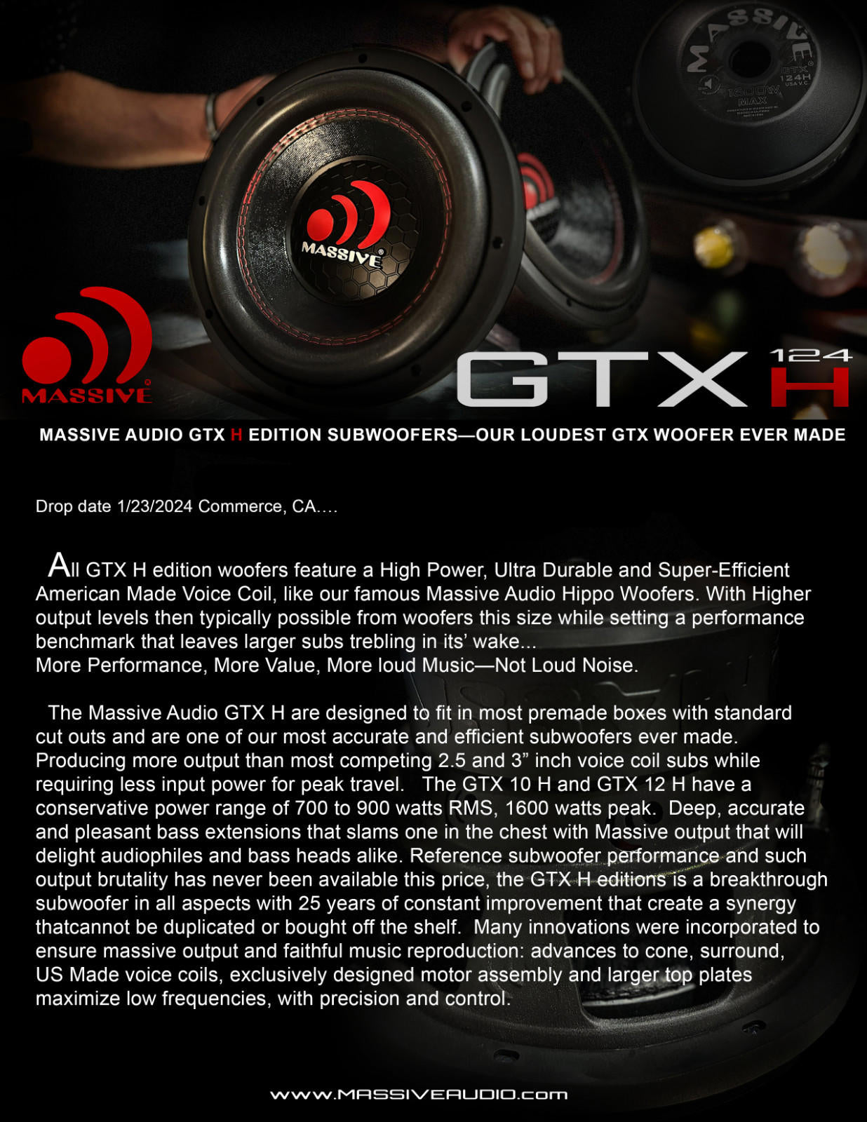 Massive Audio GTX 122H 1600 Watt 12" Dual 2 Ohm Car Audio Subwoofer 2.5" V.C.