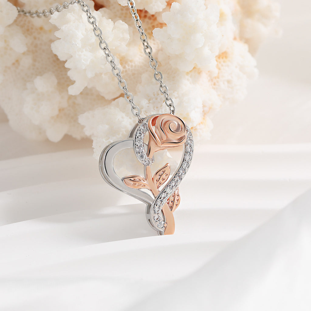 Heart-Shaped Rose Necklace Beautiful Two Tone Color Pendant Charm Great for Valentine's Day
