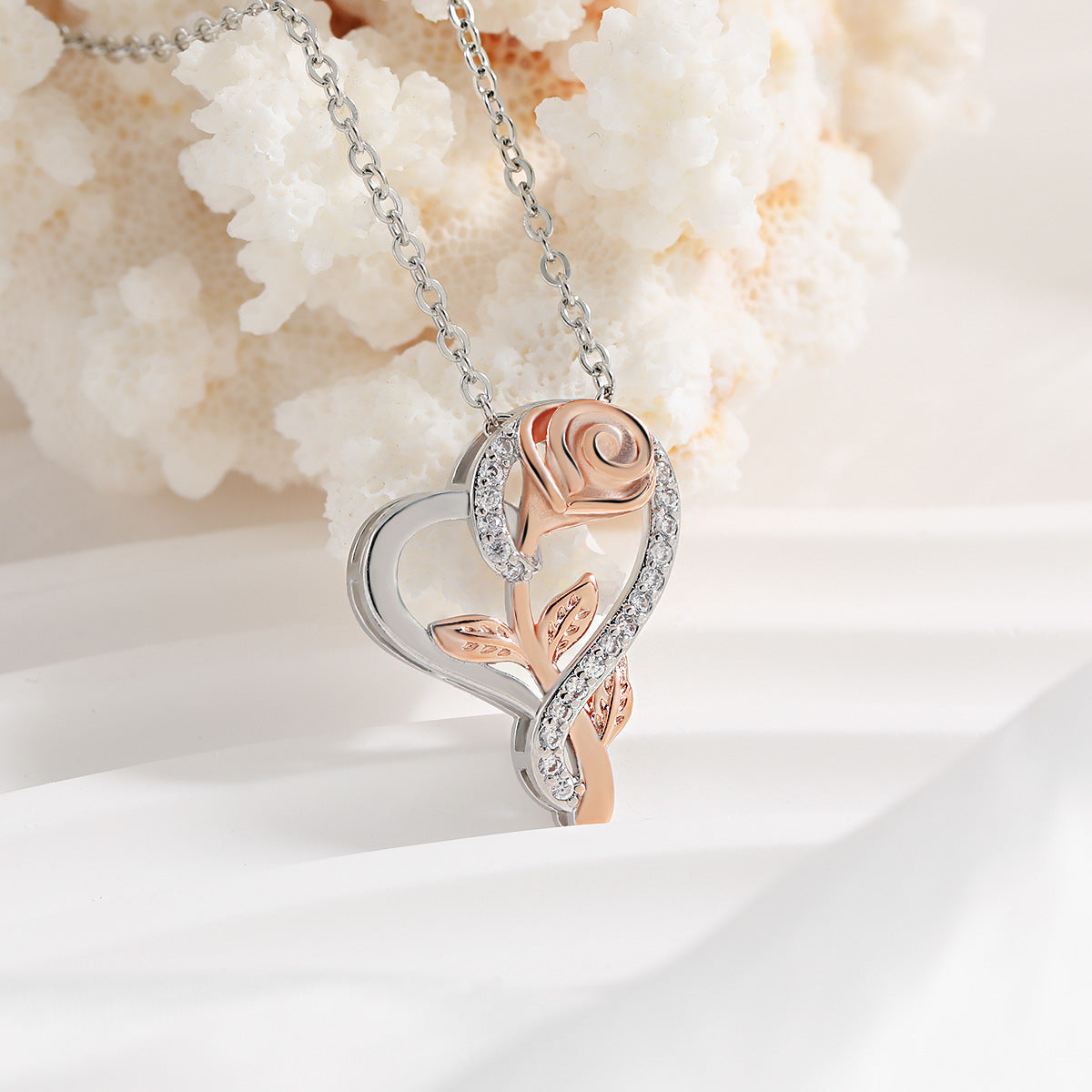 Heart-Shaped Rose Necklace Beautiful Two Tone Color Pendant Charm Great for Valentine's Day