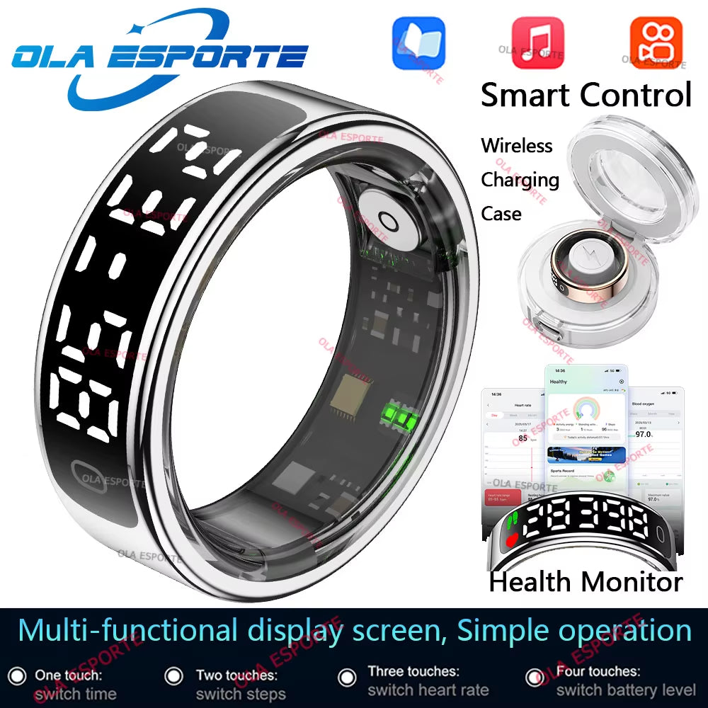Smart Ring with Display Screen and Touch, Wireless Charging Case, Health Monitor, 5ATM Waterproof for Men Women R12 R13 Ring