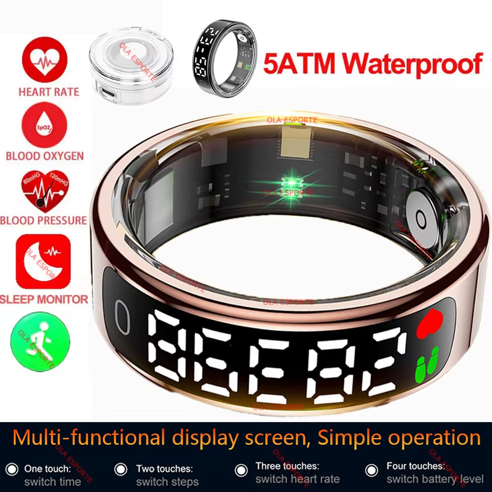 Smart Ring with Display Screen and Touch, Wireless Charging Case, Health Monitor, 5ATM Waterproof for Men Women R12 R13 Ring