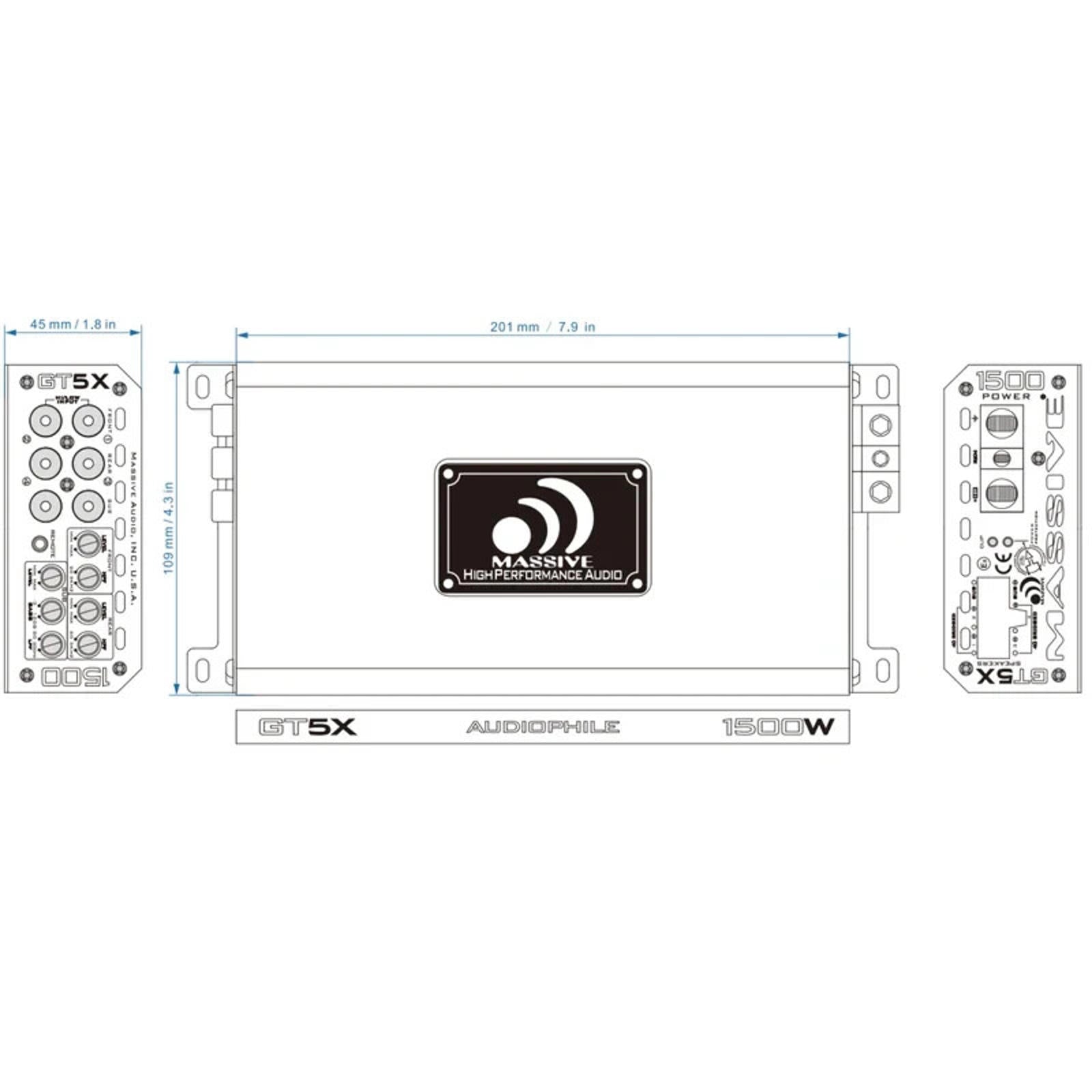 Massive Audio GT5X 5 Channel Class D Amplifier 115 Watts RMS x 4 @ 2 Ohm + 510 W