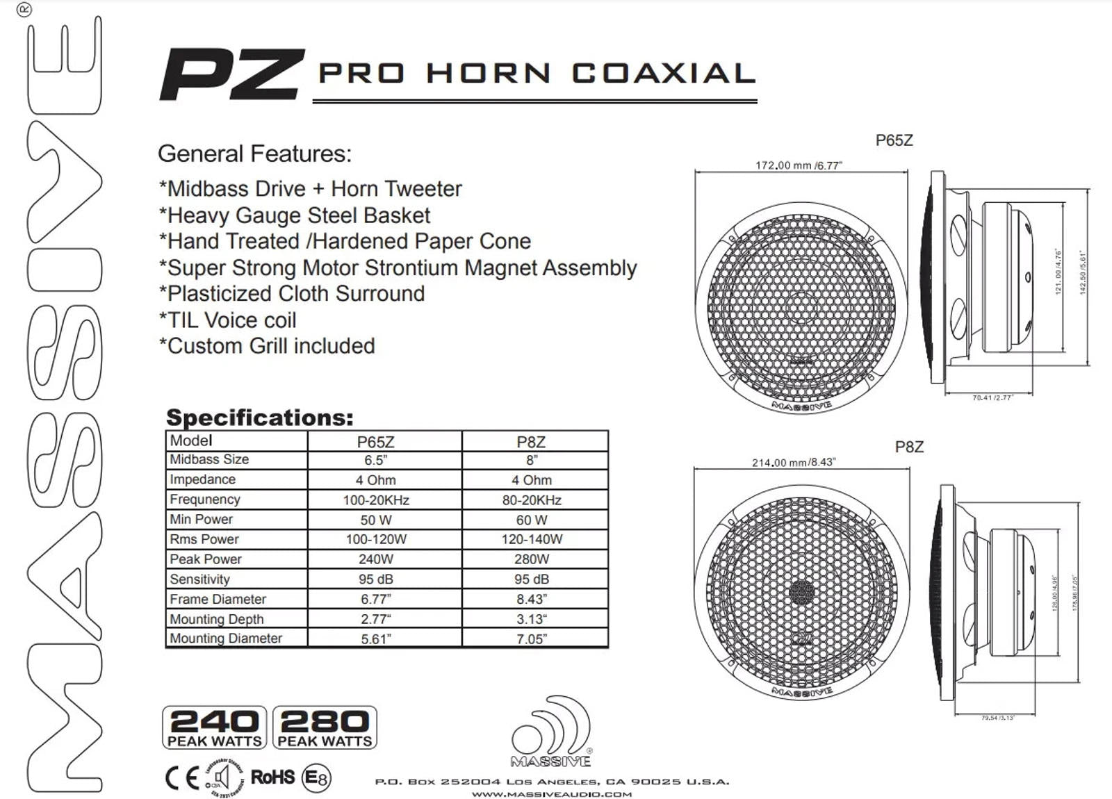 Massive Audio P65Z 6.5" Mid-Bass Pro Horn Tweeter Speaker W/ Grille 120 Watt RMS